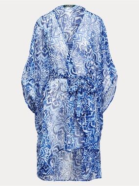 Lauren Ralph Lauren Blue & White Chiffon Sheer Kimono Cover Up Duster | S/M
